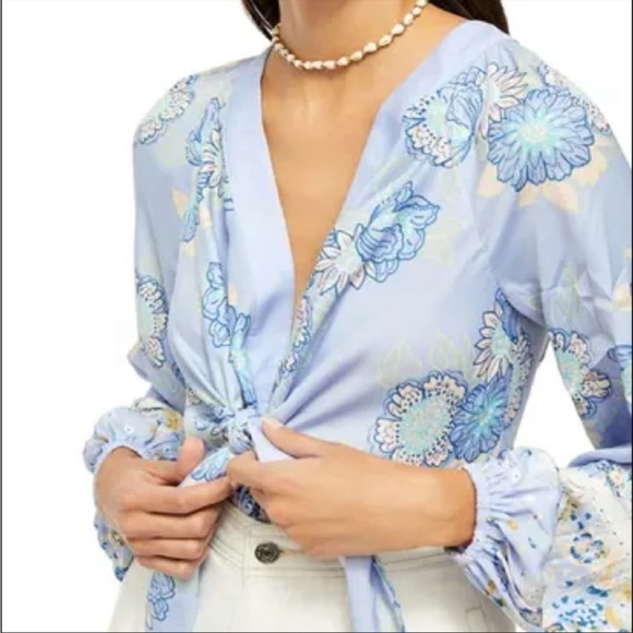 FREE PEOPLE Run Free Blouse Periwinkle Ruffle Floral Long Sleeve Sz S - Picture 2 of 12